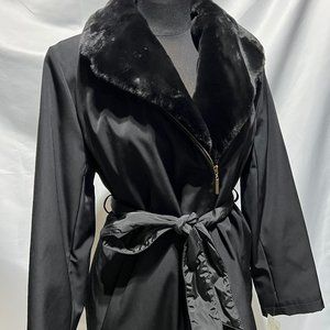 NWT Dana Buchman Mid- Length Jacket /Coat Fur Trim / Quilted Zip Up Belted Coat